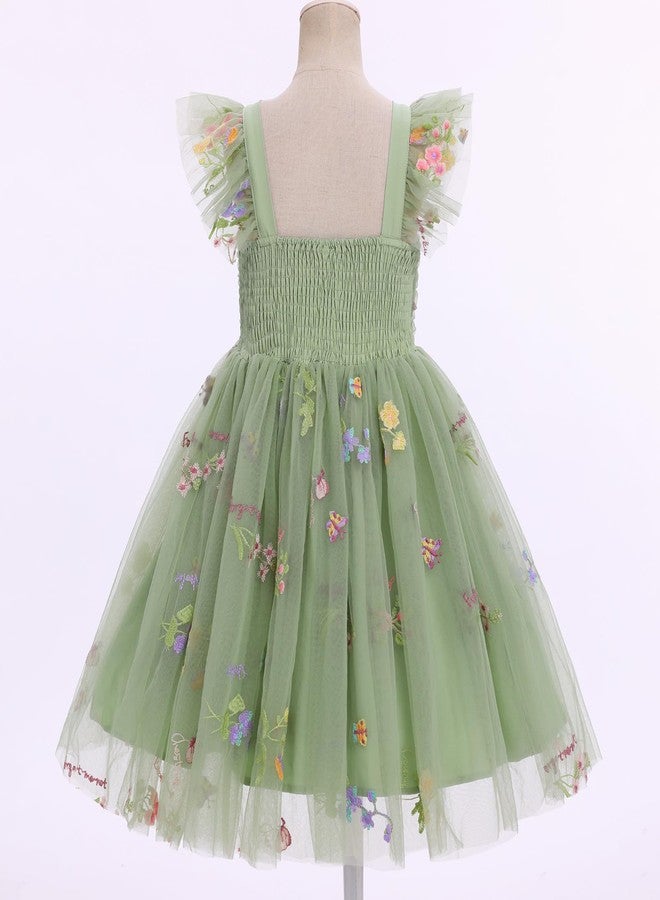 ODOLDI Kids Girls Birthday Party Dress Sequin Mesh Flutter Sleeve Smocked Back Ruffle Tulle Dress Photo Shoot Green Embroidery 18-24 Months - Image 3