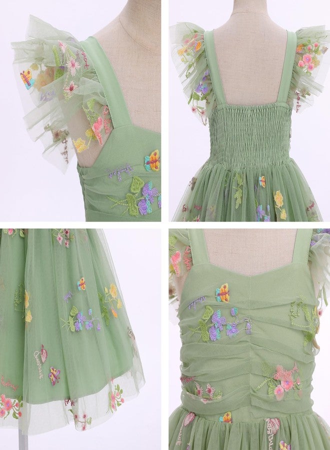 ODOLDI Kids Girls Birthday Party Dress Sequin Mesh Flutter Sleeve Smocked Back Ruffle Tulle Dress Photo Shoot Green Embroidery 18-24 Months - Image 5
