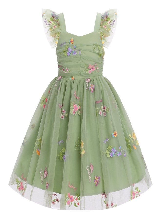 ODOLDI Kids Girls Birthday Party Dress Sequin Mesh Flutter Sleeve Smocked Back Ruffle Tulle Dress Photo Shoot Green Embroidery 18-24 Months - Image 1