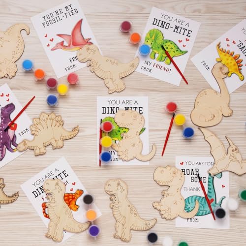 GOGREENWOVEN 24 Pack Dinosaur Party Favors for Kids DIY Dinosaur Wood Painting Craft Kit with Thank You Cards Dino Birthday Goodie Bag Fillers Art Supplies for Boys and Girls - Image 1