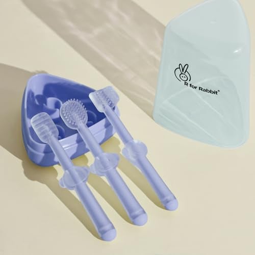 R for Rabbit Tiny Smiles Pixie 3-in-1 Baby Toothbrush Set BPA-Free Silicone | Gum Massager, U-Shape & Toddler Brush with Travel Case (3Pcs) | Ultra Soft Teeth Cleaner for 0-18 M Babies (Purple) - Image 1