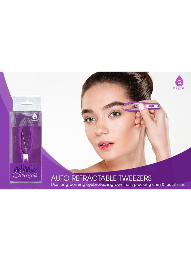 Pursonic - Auto Retractable Tweezers for Eyebrows, Ingrown Hair & Facial Hair, Durable Stainless Steel Material - Features Spotlight & Smart Grab System - Image 1