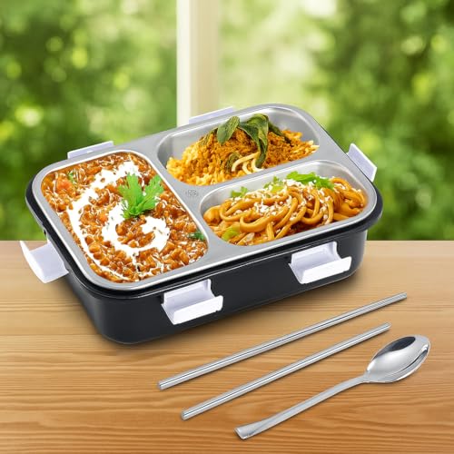 MEDALLIX 3 Compartment Stainless Steel Lunch Box | Leak-Proof & Insulated Bento Tiffin | 750ml BPA-Free Food Container with Spoon & Chopsticks for Kids, Adults, Office, College & School - Black - Image 1