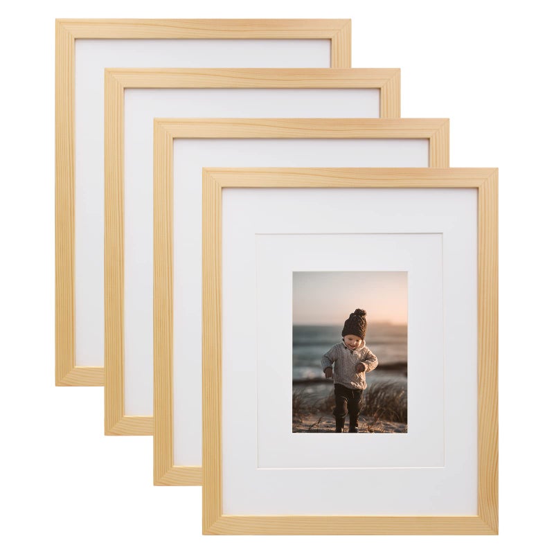 KINLINK 11x14 Picture Frames Natural Wood Frames with Acrylic Plexiglass for Pictures 5x78x10 with Mat or 11x14 without Mat Tabletop and Wall Mounting Display Set of 4