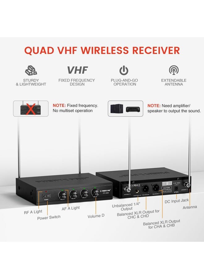 Phenyx Pro نظام ميكروفون لاسلكي VHF 4 قنوات، 4 ميكروفونات محمولة، تردد ثابت، مستقبل معدني، تشغيل لمسافات طويلة، مثالي للكنيسة، الحفلات، العروض العامة (PTV-2000) - Image 3
