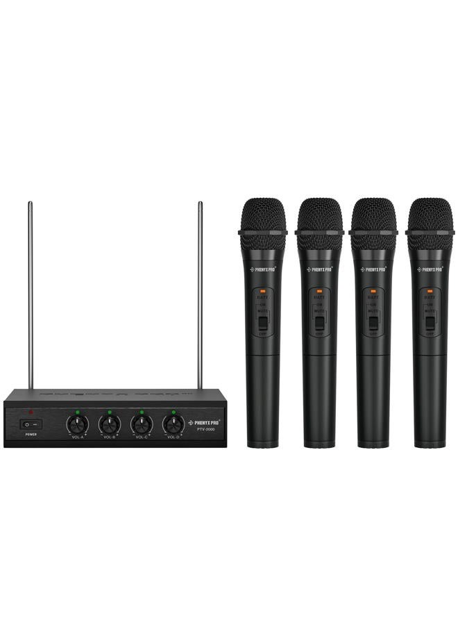 Phenyx Pro نظام ميكروفون لاسلكي VHF 4 قنوات، 4 ميكروفونات محمولة، تردد ثابت، مستقبل معدني، تشغيل لمسافات طويلة، مثالي للكنيسة، الحفلات، العروض العامة (PTV-2000) - Image 1