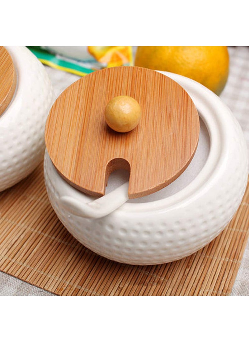 Kankuwar Kankuwar Condiment Jar Spice Container Set Ceramic Spice Jar Set With 3 Spoons Bamboo Lids Wooden Tray Pottery Cruet Jar For Pickle Masala Sugar Tea Coffee For Home Kitchen Decoration White 200ml  - Image 3
