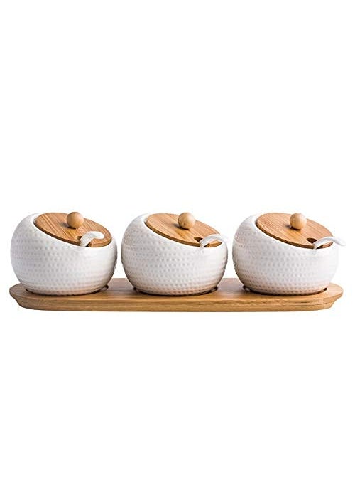 Kankuwar Kankuwar Condiment Jar Spice Container Set Ceramic Spice Jar Set With 3 Spoons Bamboo Lids Wooden Tray Pottery Cruet Jar For Pickle Masala Sugar Tea Coffee For Home Kitchen Decoration White 200ml  - Image 1