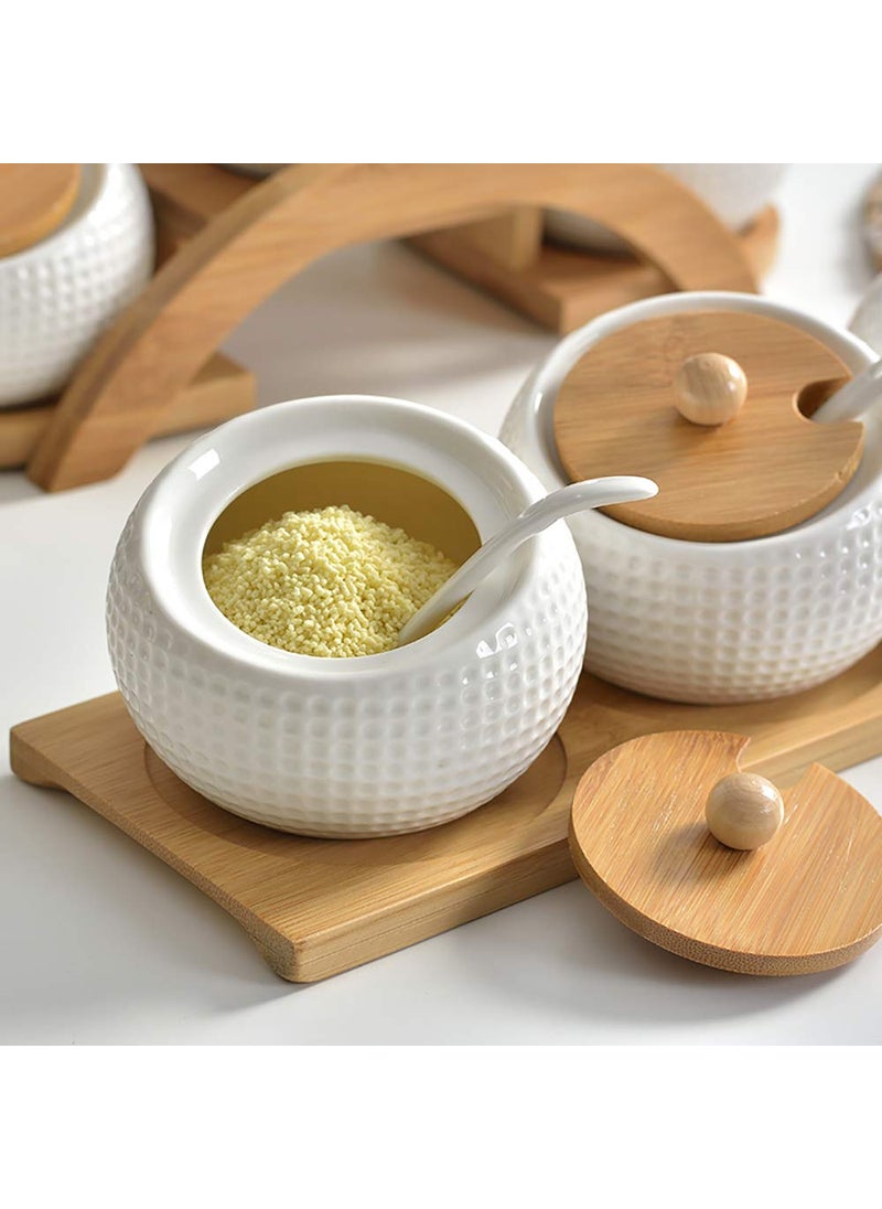 Kankuwar Kankuwar Condiment Jar Spice Container Set Ceramic Spice Jar Set With 3 Spoons Bamboo Lids Wooden Tray Pottery Cruet Jar For Pickle Masala Sugar Tea Coffee For Home Kitchen Decoration White 200ml  - Image 4