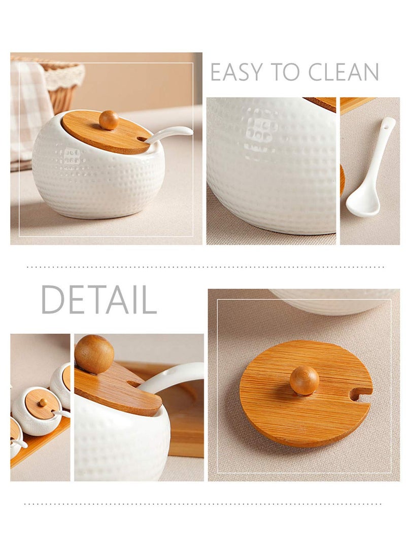 Kankuwar Kankuwar Condiment Jar Spice Container Set Ceramic Spice Jar Set With 3 Spoons Bamboo Lids Wooden Tray Pottery Cruet Jar For Pickle Masala Sugar Tea Coffee For Home Kitchen Decoration White 200ml  - Image 5