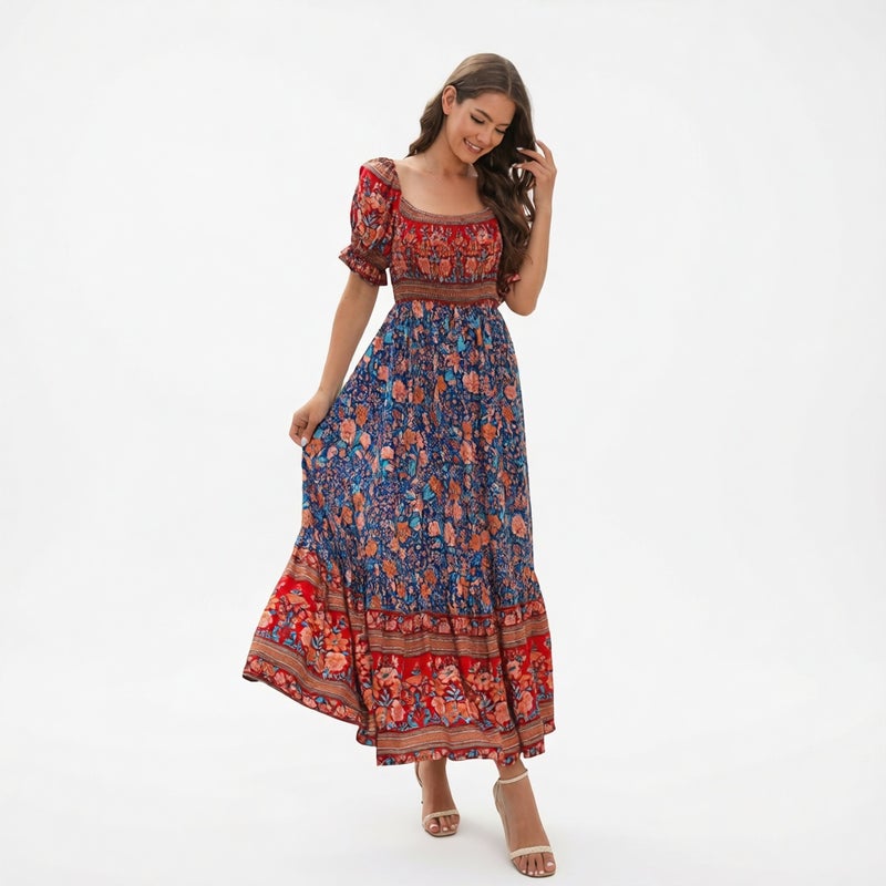 One Shoulder Bubble Sleeve Midi Beach Vacation Dress - Image 3