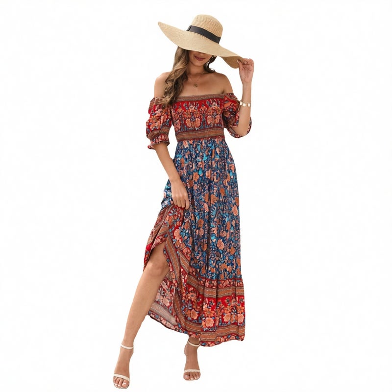 One Shoulder Bubble Sleeve Midi Beach Vacation Dress - Image 4