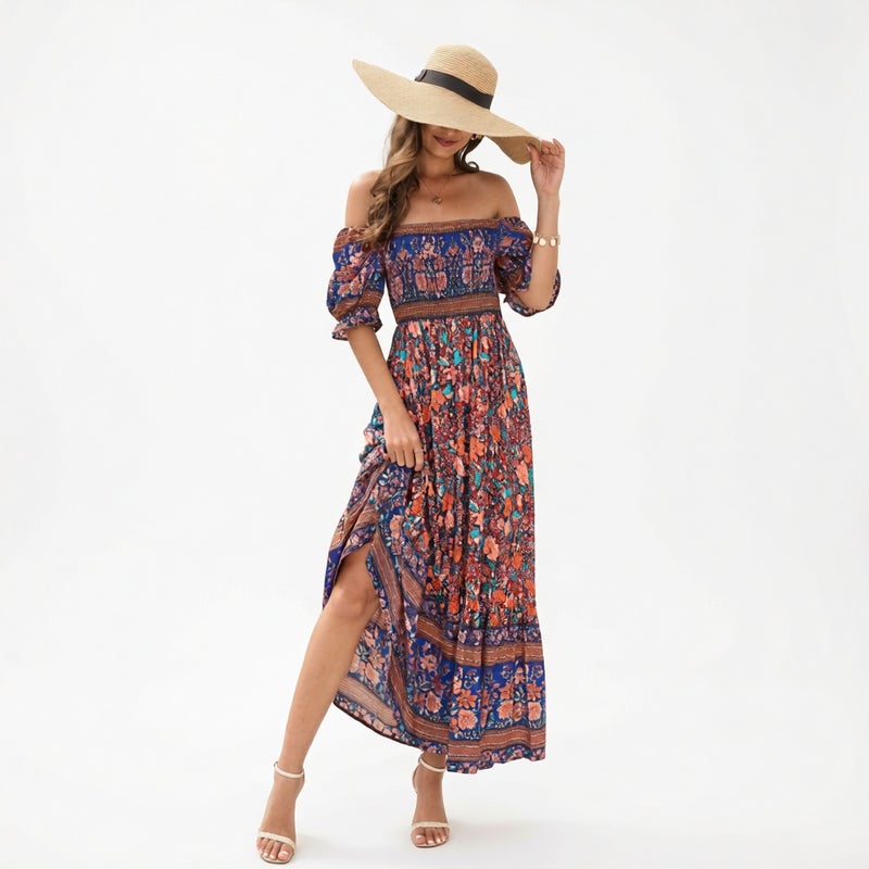 One Shoulder Bubble Sleeve Midi Beach Vacation Dress - Image 5