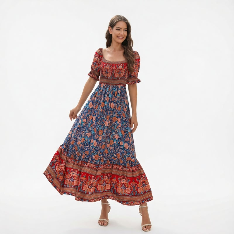 One Shoulder Bubble Sleeve Midi Beach Vacation Dress - Image 2