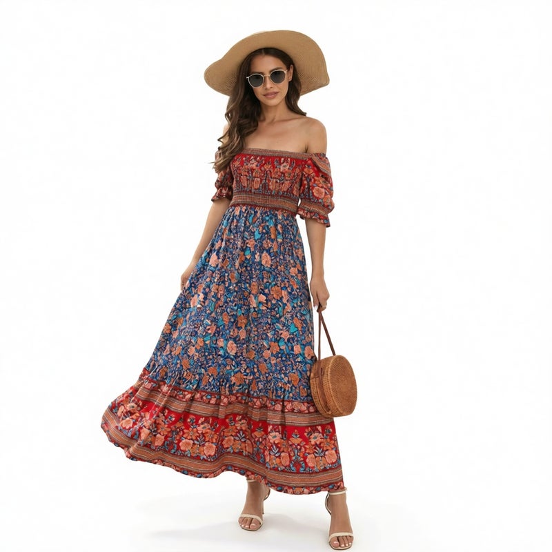 One Shoulder Bubble Sleeve Midi Beach Vacation Dress - Image 1
