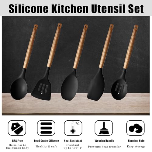 Miusco Kitchen Utensils Set, Silicone Cooking Utensils Set,Non-Stick Silicone Spatula Set with Natural Acacia Hard Wood Handle, 5 Piece, Upgraded Thickened Cookware - Image 2