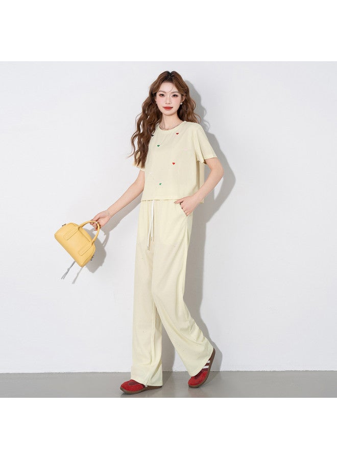 Jeanswest Dopamine Color Sequin T-shirt & Pants Set With Heart Embroidery, Loose-fit Round Neck Casual Outfit For Summer, Slimming And Stylish - Image 5