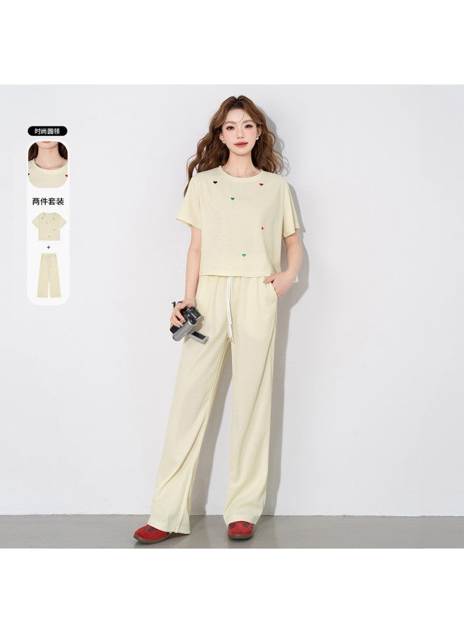 Jeanswest Dopamine Color Sequin T-shirt & Pants Set With Heart Embroidery, Loose-fit Round Neck Casual Outfit For Summer, Slimming And Stylish - Image 2