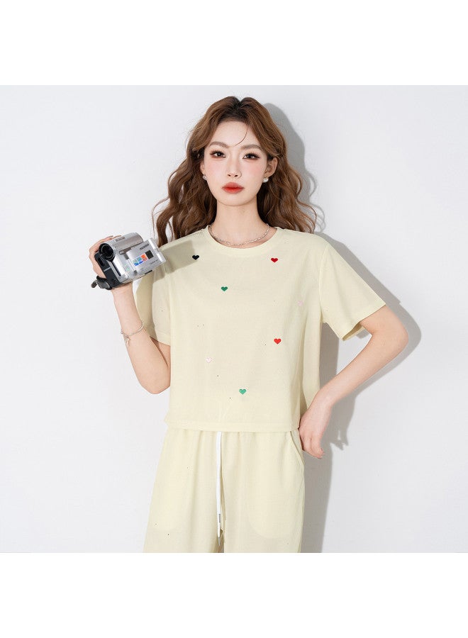 Jeanswest Dopamine Color Sequin T-shirt & Pants Set With Heart Embroidery, Loose-fit Round Neck Casual Outfit For Summer, Slimming And Stylish - Image 4