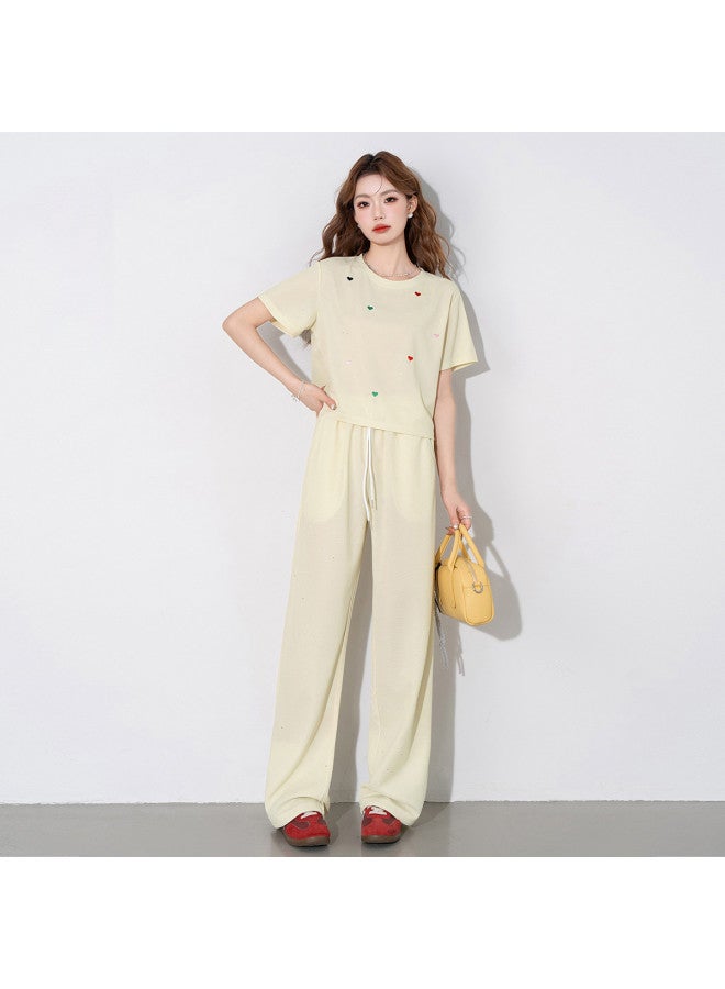 Jeanswest Dopamine Color Sequin T-shirt & Pants Set With Heart Embroidery, Loose-fit Round Neck Casual Outfit For Summer, Slimming And Stylish - Image 3