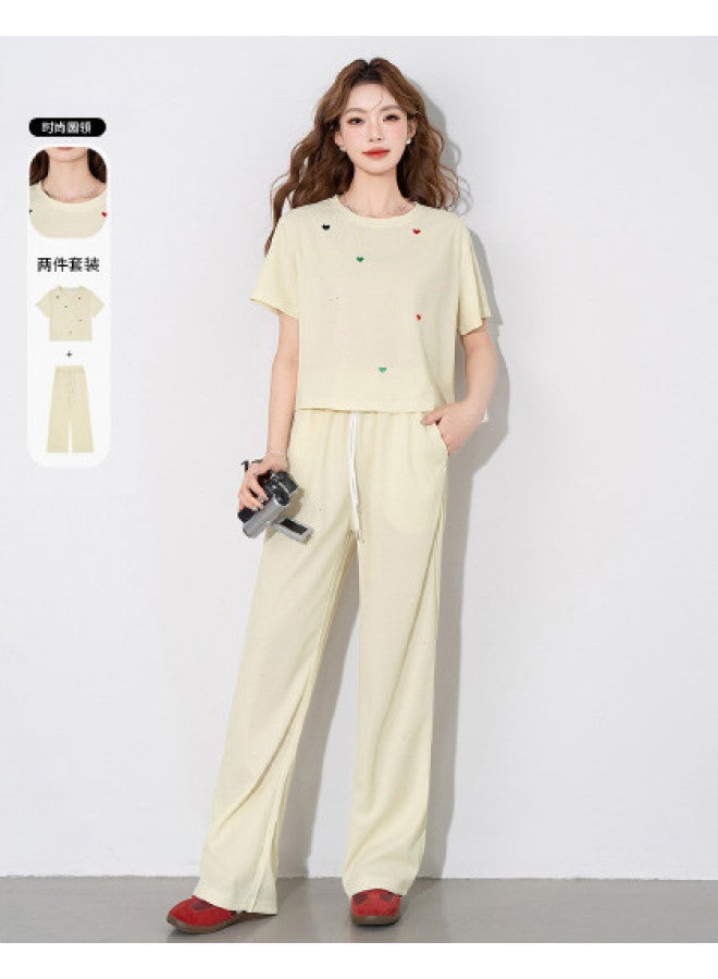 Jeanswest Dopamine Color Sequin T-shirt & Pants Set With Heart Embroidery, Loose-fit Round Neck Casual Outfit For Summer, Slimming And Stylish - Image 1