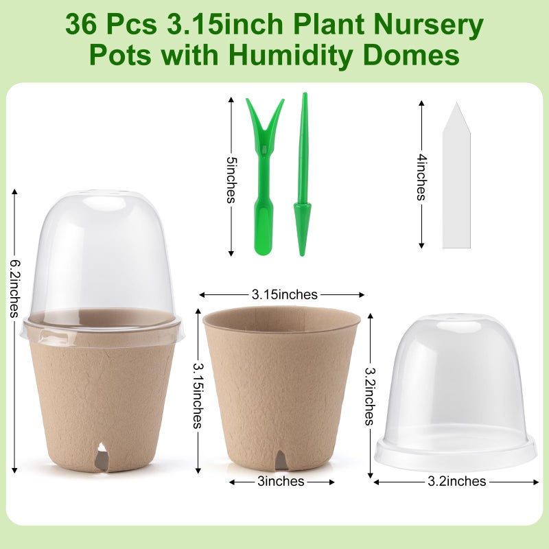 Baxrou 36 Set 3.15 Inch Peat Pots Plant Starters for Seedling with Humidity Dome,Herb Seed Starter Pots Kits, Garden Germination Nursery Pot wit 36 Plant Labels, 2 Transplant Tools. - Image 2