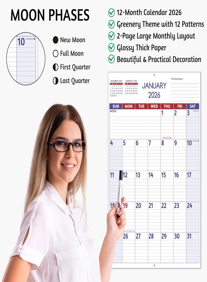 BowCuk 2026 Wall Calendar - Large Print Calendar 2026, 12 Monthly Calendar, Jan. 2026 - Dec. 2026, 14.6 x 22.8 In (Open), 2026 Calendar with Big Numbers, Large Grid, Notes, Moon Phases, Great for Planning - Image 5