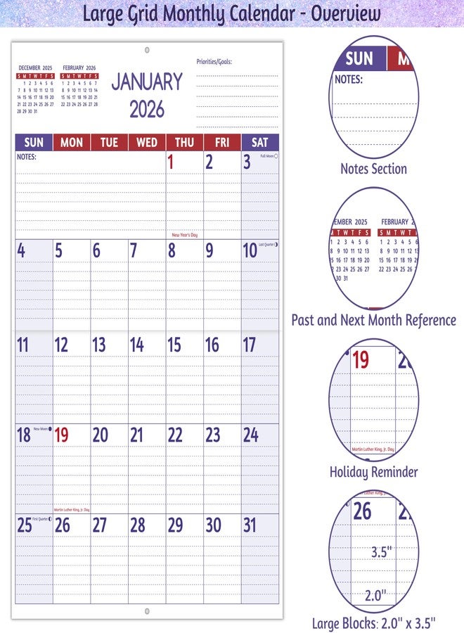 BowCuk 2026 Wall Calendar - Large Print Calendar 2026, 12 Monthly Calendar, Jan. 2026 - Dec. 2026, 14.6 x 22.8 In (Open), 2026 Calendar with Big Numbers, Large Grid, Notes, Moon Phases, Great for Planning - Image 3