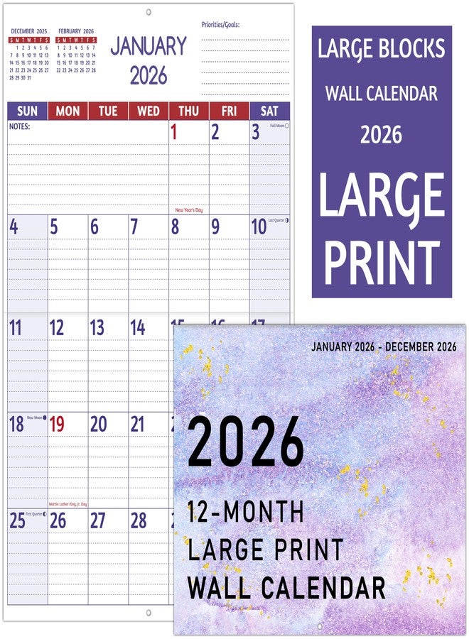 BowCuk 2026 Wall Calendar - Large Print Calendar 2026, 12 Monthly Calendar, Jan. 2026 - Dec. 2026, 14.6 x 22.8 In (Open), 2026 Calendar with Big Numbers, Large Grid, Notes, Moon Phases, Great for Planning - Image 1