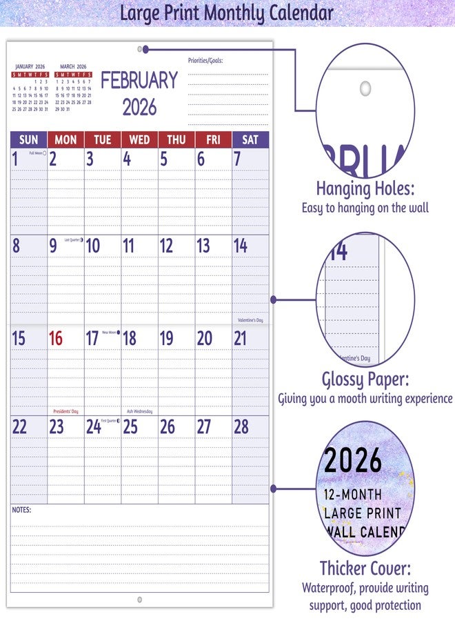 BowCuk 2026 Wall Calendar - Large Print Calendar 2026, 12 Monthly Calendar, Jan. 2026 - Dec. 2026, 14.6 x 22.8 In (Open), 2026 Calendar with Big Numbers, Large Grid, Notes, Moon Phases, Great for Planning - Image 4