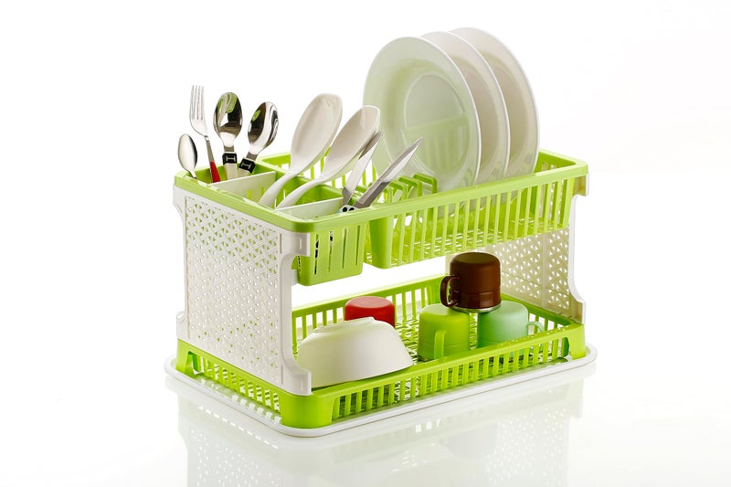 Attro Lenova Utensil Basket-Stylish and Durable Plastic Kitchen Organizer Rack Cutlery Utensil,Simple Assembly, Fruits and Vegetable Drying Drain and Storage Stand with Water Storing Tray-Green - Image 2