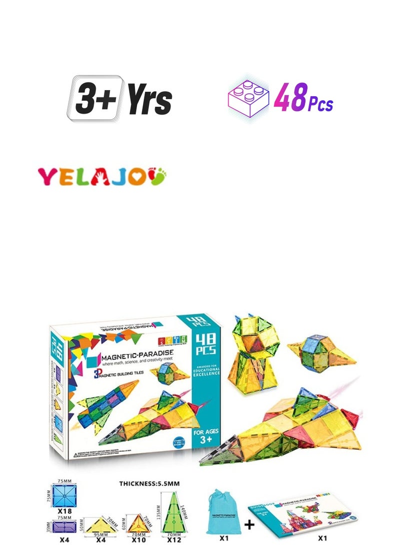YelaJoy 48PCS Magnetic Tiles Construction Play building blocks STEM Toy Set  - Image 1