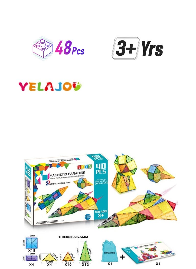 YelaJoy 48PCS Magnetic Tiles Construction Play building blocks STEM Toy Set  - Image 1