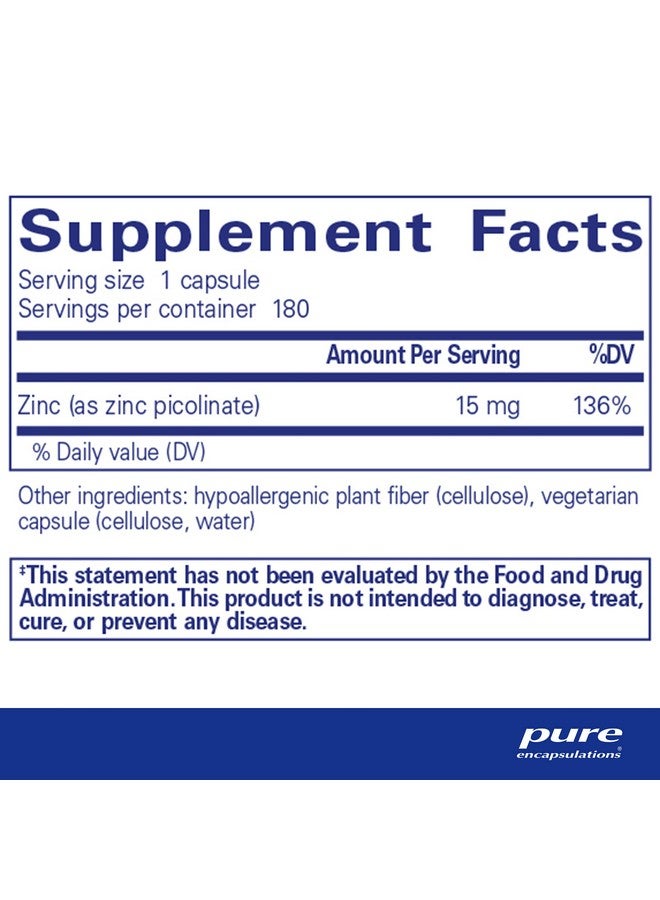 Pure Encapsulations Zinc 15 mg - Zinc Picolinate Supplement for Immune System Support, Growth & Development - for Wound Healing - 180 Capsules - Image 2
