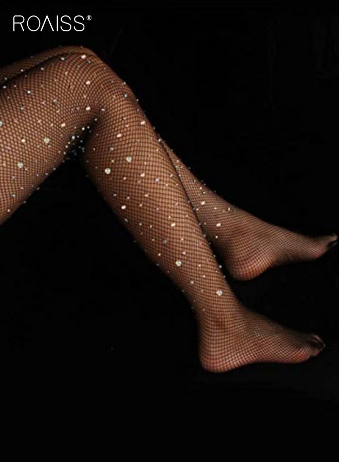 رويس جوارب نسائية، جوارب شبكية بنقشة دانتيل وأحجار الراين بمقاسات كبيرة، جوارب شبكية مخرمة ومزخرفة، جوارب شبكية مزينة بأحجار الراين - Image 4