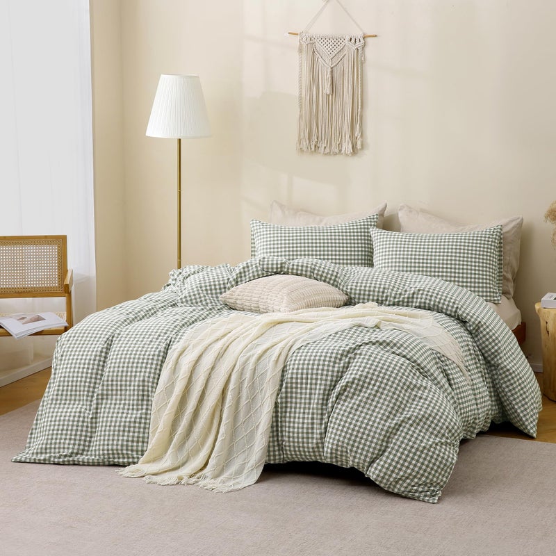 TOCOMOA Green Gingham Duvet Cover Bedding Set 100% Washed Cotton Like Linen Feel Super Soft Comfortable 3 Piece Vintage Plaid Checkered Comforter Cover Set (Full 80"x90", Comforter Not Included) - Image 2