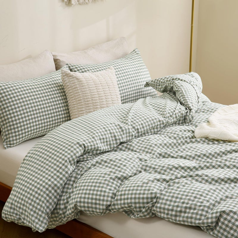 TOCOMOA Green Gingham Duvet Cover Bedding Set 100% Washed Cotton Like Linen Feel Super Soft Comfortable 3 Piece Vintage Plaid Checkered Comforter Cover Set (Full 80"x90", Comforter Not Included) - Image 4