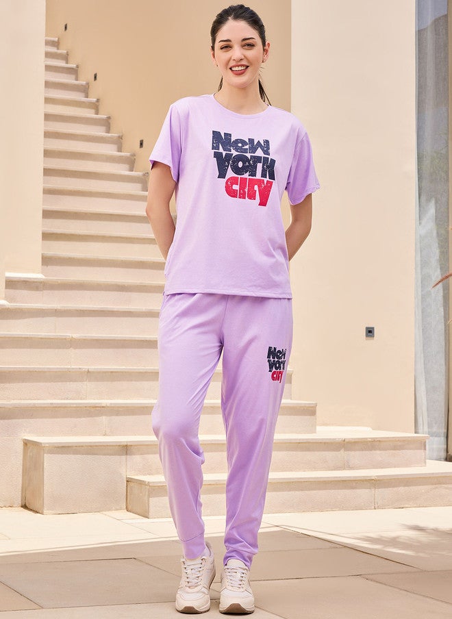 beebelle Lavender Printed Top & Joggers Co-Ord Set - Image 1