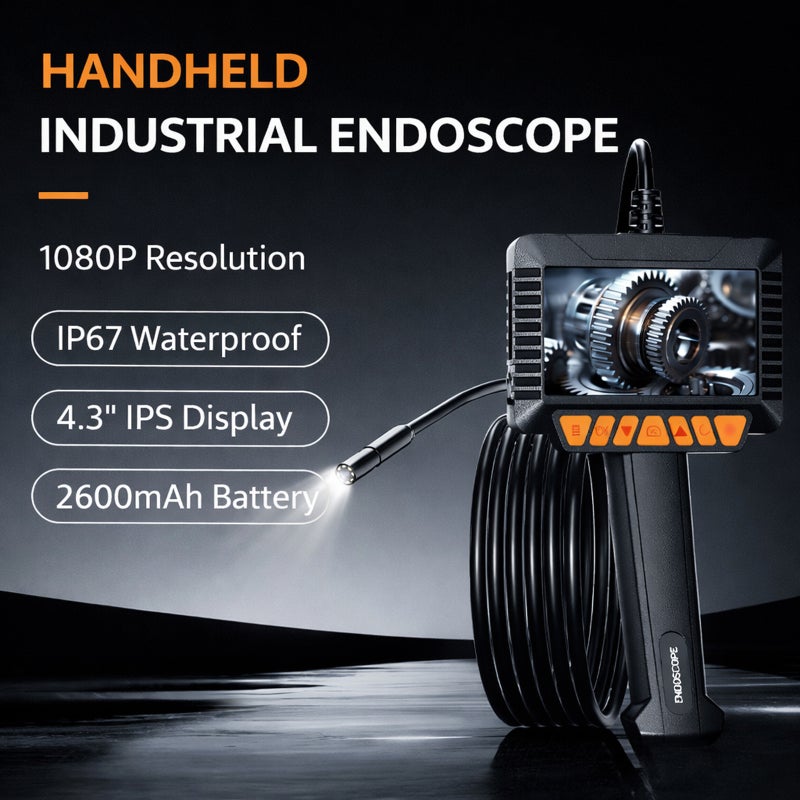 Industrial Inspection Camera with 4.3" LCD Screen, 1080P Waterproof Borescope, 8mm Lens, Adjustable LED Light, Rechargeable Battery, 10m Semi-Rigid Cable - Image 2