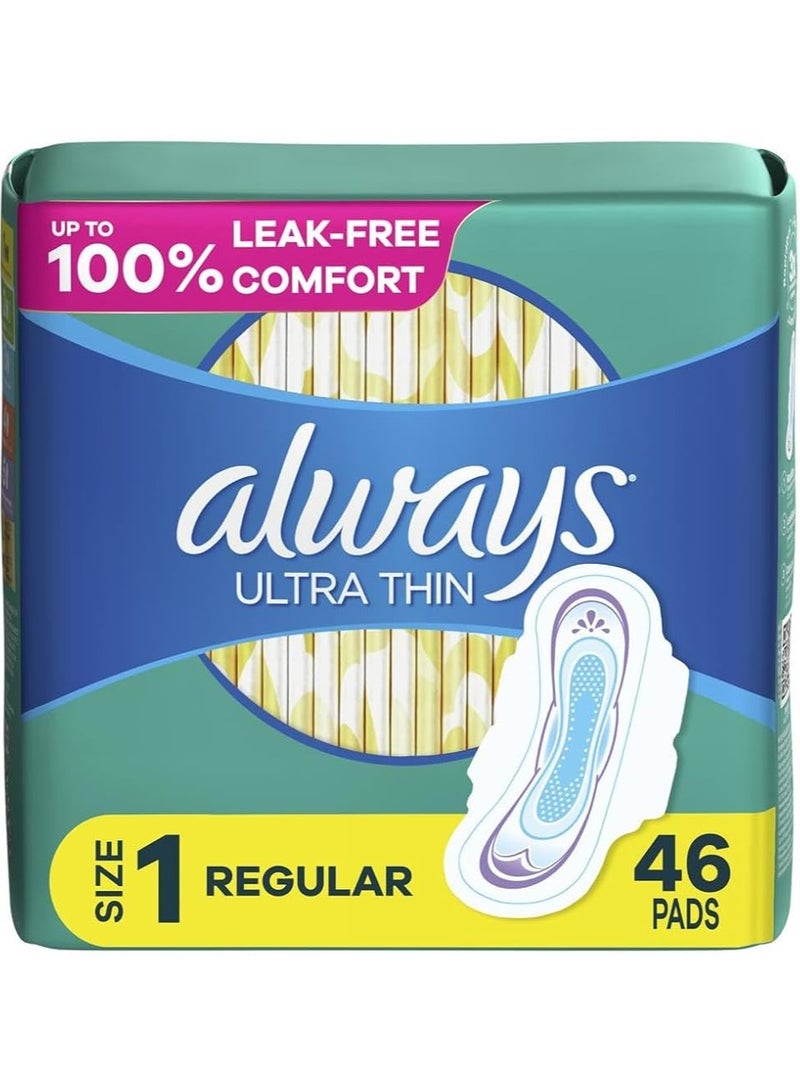Always 46 PC Ultra Thin Feminine Pads – Size 1 Regular Absorbency, with Wings, Unscented!