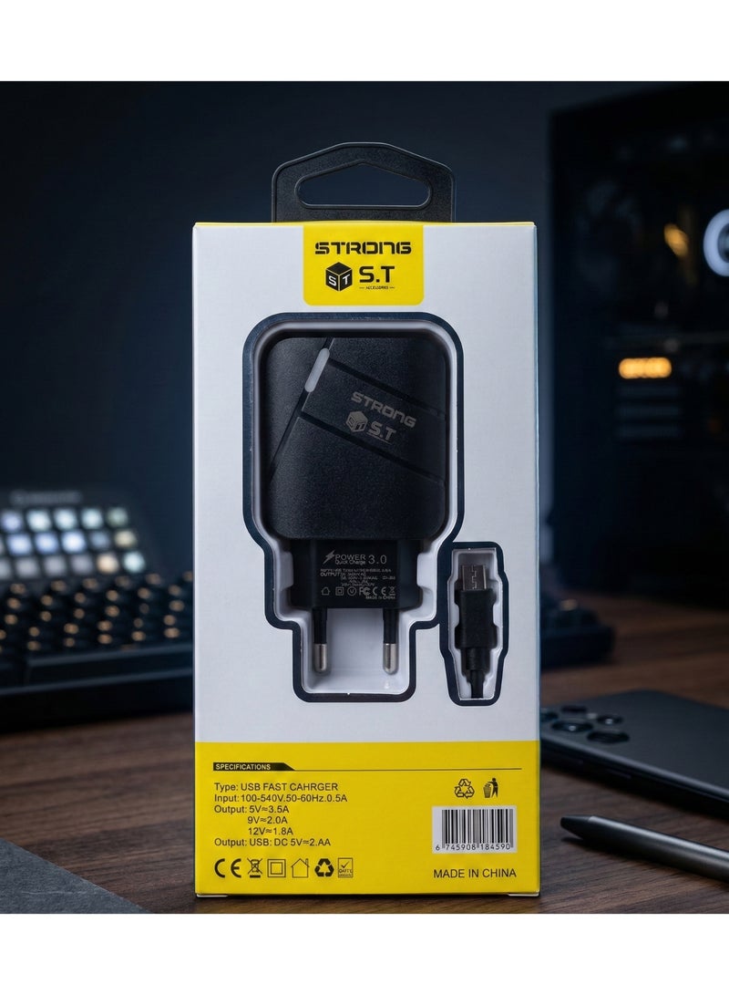 سترونج شاحن سريع 30W بلمبة LED + مدخلين USB (QC 3.0 كوالكوم + Auto-ID 2.4A) مع كابل مايكرو، اسود - Image 2