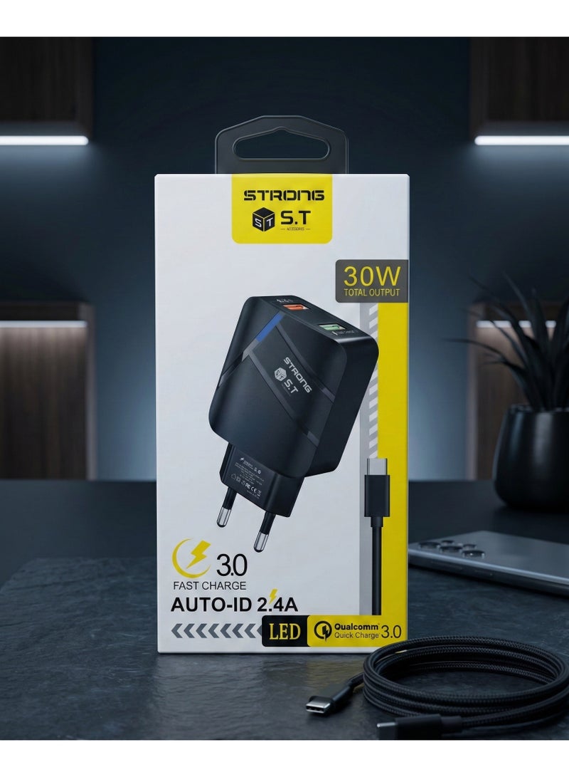 سترونج شاحن سريع 30W بلمبة LED + مدخلين USB (QC 3.0 كوالكوم + Auto-ID 2.4A) مع كابل مايكرو، اسود - Image 1
