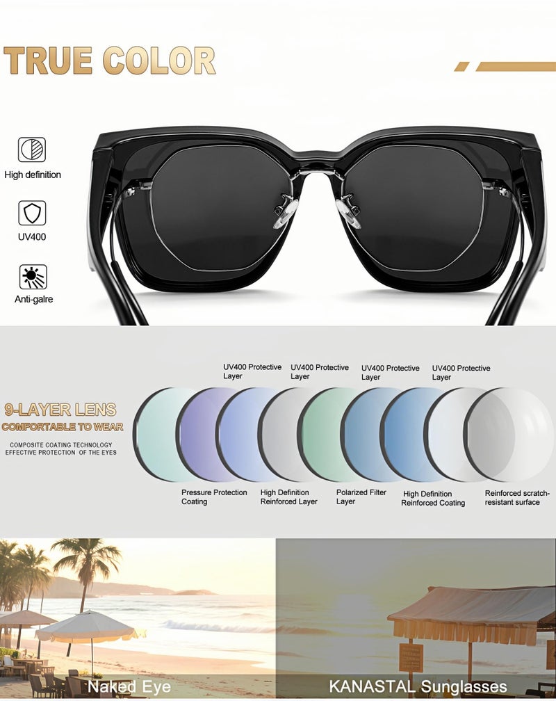 KANASTAL Over Glasses Sunglasses Women Men Fit Over Sun Glasses Polarized UV400 Fashion Oversized Square Shades (Shiny Black/Black) - Image 5