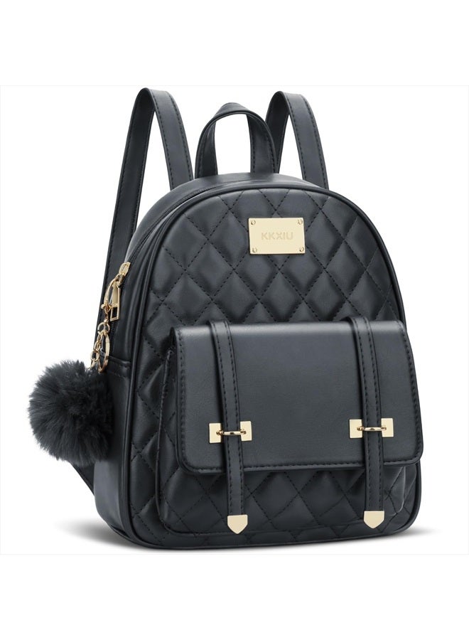 kkxiu Girls Small Backpack Purse Vegan Leather Quilted Mini Daypack for Women Trendy Bookbag (Black) - Image 1