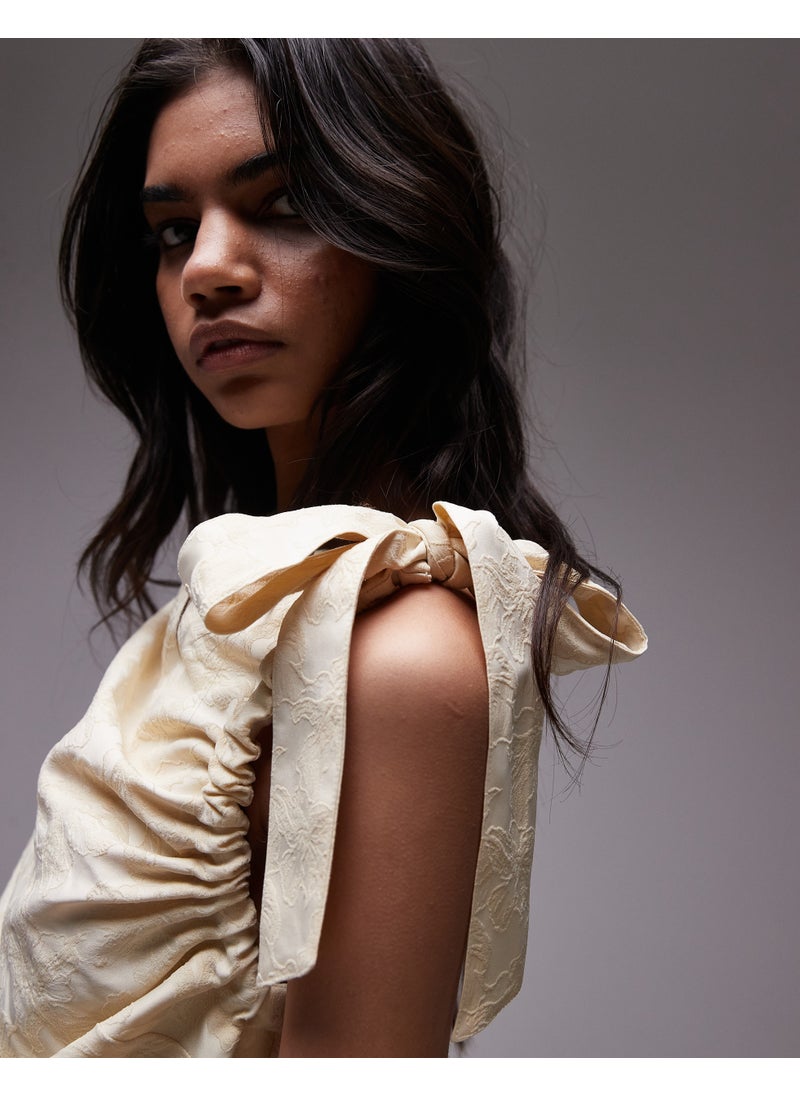 TOPSHOP Topshop tie shoulder jacquard mini dress in butter  - Image 3