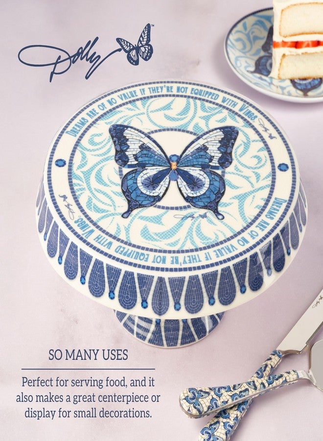Dolly Parton Jeweled Mosaic Blue Butterfly Dessert Appetizer Cake Stand, Buffet Hostess Table, Footed Platter, Dishwasher Safe - Image 3