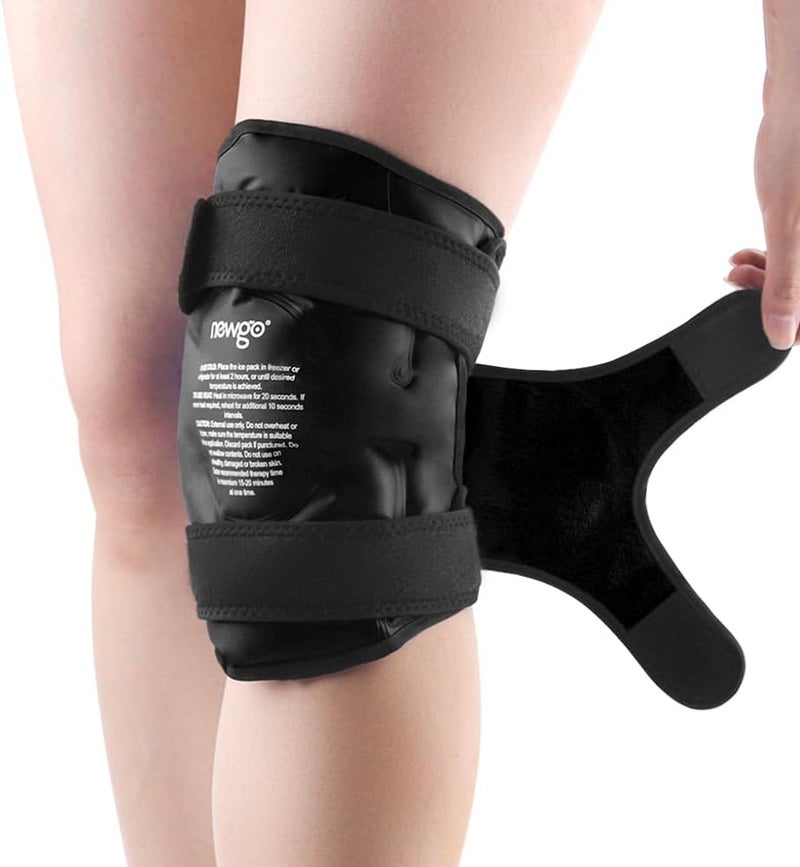 NEWGO حزمة الثلج NEWGO لجراحة استبدال الركبة، حزمة جل باردة قابلة لإعادة الاستخدام تغطي الركبة بالكامل، حزمة ثلج للإصابات، تخفيف الألم، تمزق الغضروف، الرباط الصليبي الأمامي، التورم - أسود