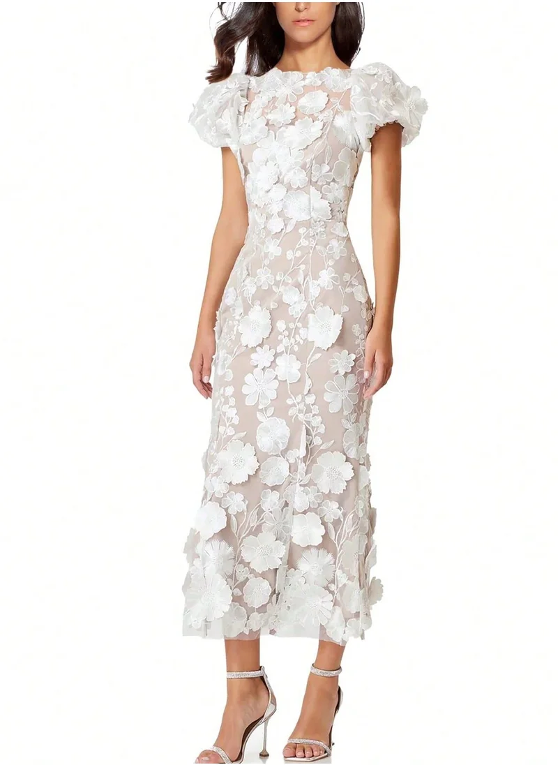 Madam Uniq New White Luxury Round Neck Embroidered 3D Floral Puff Sleeve Mid-Length Dress
