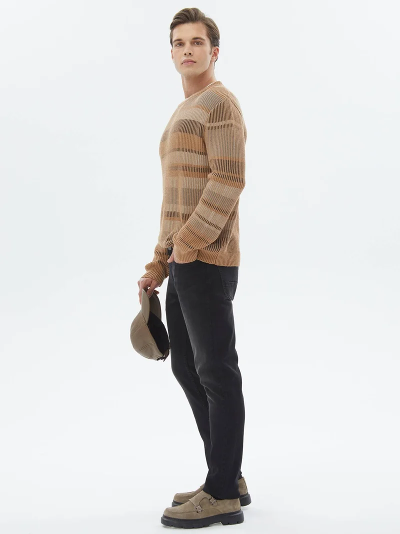 Kip Camel Hair Crew Neck Patterned Cotton Blend Sweater