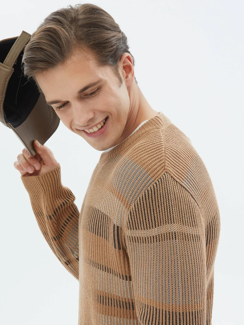 Kip Camel Hair Crew Neck Patterned Cotton Blend Sweater